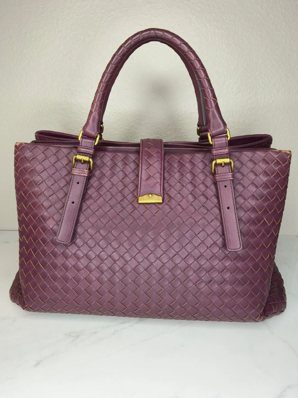 Bottega Veneta Large Roma Intrecciato Gold Wine Burgundy Suede Leather Bag + COA